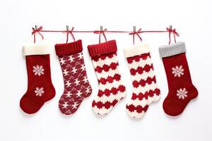 AI generated Hanging red christmas stockings filled with gifts, copyspace, green background photo