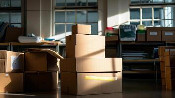 AI generated Cardboard boxes and tape for packing up personal belongings in office after business downsizing photo