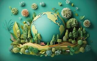 ai generado mundo ambiente y tierra día concepto con globo, naturaleza y eco simpático ambiente foto