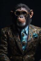 ai generado mono chimpancé vestido en un elegante traje con un bonito atar. Moda retrato de un antropomórfico foto