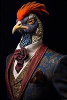 AI generated Pheasant dressed in an elegant modern suit with a nice tie. Fashion portrait of an anthropomorphic photo