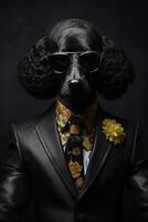 ai generado perro, negro caniche, vestido en un elegante moderno traje con un bonito bufanda, vistiendo Gafas de sol. Moda foto