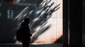 AI generated a solitary figure with a backpack walking beside a building, illuminated by the contrasting light and shadows of nearby trees. photo