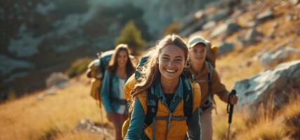 AI generated Gen Z friends on mountain trail adventure with camping gear. photo