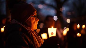 ai generado antiguo hombre vivo con vih SIDA y su partidarios participativo en un luz de una vela vigilia para conciencia y remembranza foto