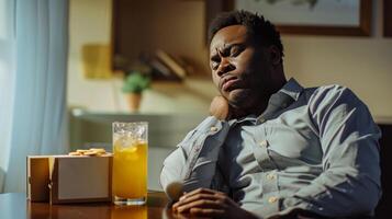 AI generated Man suffering from stomachache with crackers and ginger ale on table. photo