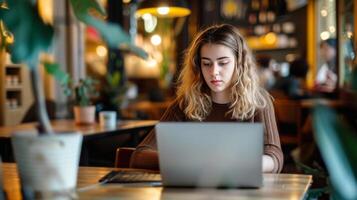 ai generado joven empresario investigando inversión opciones y financiero planes en café tienda foto