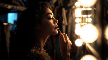 AI generated Woman with lipstick and vanity lights in backstage dressing room. photo