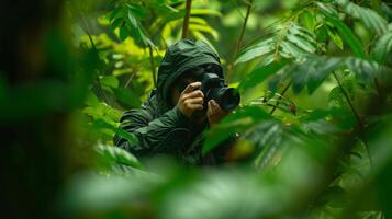 ai generado un fauna silvestre fotógrafo esperando para un vislumbrar de un oculto animal en el bosque foto