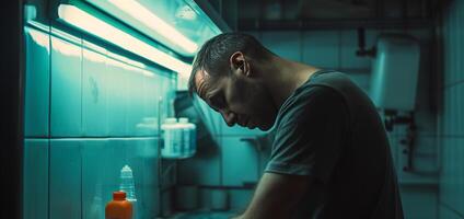 AI generated A man suffering from stomach ache in a pharmacy. photo