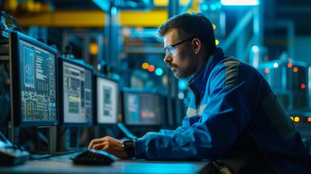 AI generated Quality control engineer monitoring data on digital display in high-tech industrial facility photo