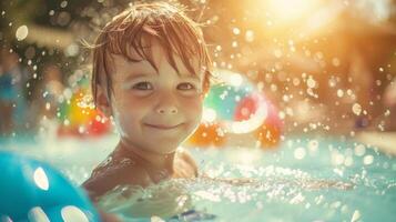 ai generado un gen alfa niño jugando con inflable juguetes en un espumoso piscina. foto