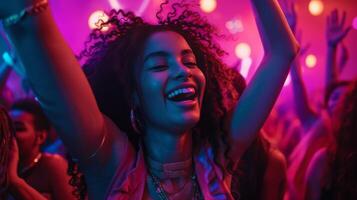AI generated Music festival and stars with neon lights and live music, Gen Z friends dancing and celebrating photo