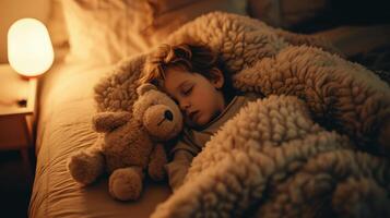 AI generated Gen Alpha toddler sleeping with stuffed animal, cozy blanket and lamplight photo