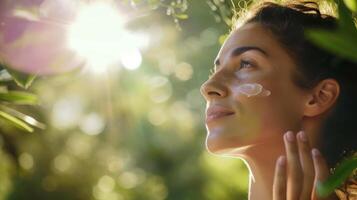AI generated A woman applying sunscreen before yoga in a natural setting. photo