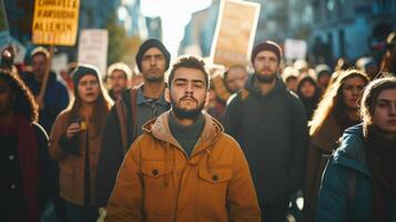 ai generado social justicia manifestantes de marcha con pancartas y cantos en el ciudad foto