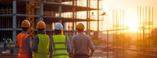 AI generated A team of engineers and architects collaborating on a construction site, monitoring the development of a new building project photo