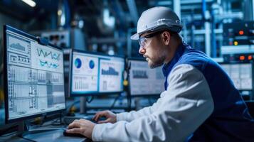 AI generated Production Data Analysis by Industrial Engineer in Manufacturing Control Room photo