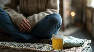 AI generated Person with stomach pain sitting on floor, herbal tea and heating pad on cushion photo