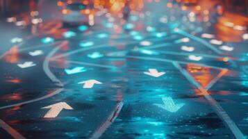 AI generated Complex, illuminated network of arrows on a road decision making and complexity in navigation. photo