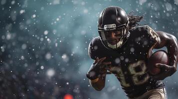 ai generado un fútbol americano jugador en acción, participación el pelota estrechamente, Listo a hacer un correr en medio de un Nevado juego. foto