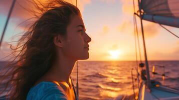 AI generated Woman putting on sunscreen before sailing in the ocean at dawn photo