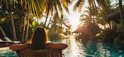 AI generated Woman relaxing on a deck chair by a pool in a tropical resort photo