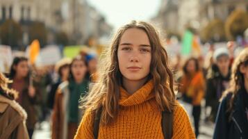 ai generado gen z activista líder clima cambio protesta en ciudad cuadrado, vistoso pancartas y multitud foto