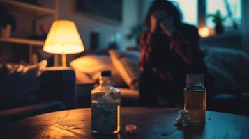 AI generated Man with Fever on Couch with Water and Medication in a Dark Room photo