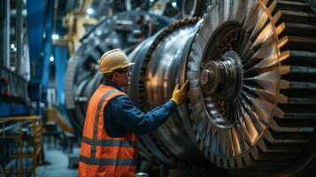 AI generated Engineer in Safety Gear Checking Industrial Machine with Gears photo