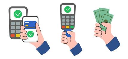 Payment Methods Set. Contactless, Card, Cash Payments. Hands paying with bank debit card, POS terminal with mobile phone app and money. Flat graphic vector illustration.