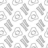 Cute seamless breakfast food pattern with egg and bacon. Morning Background. Hand drawn doodle, sketch monochrome style. Vector flat illustration.