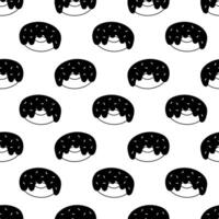 Vector seamless pattern with donuts glaze and sprinkles on a white background. Doodle black monochrome simple style. Flat illustration.