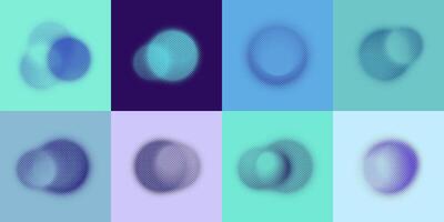 Vector set of abstract blurred halftone circles. Gradient spot with blur on background of different colors. Screen print raster. Pop art. Isolated template with dots