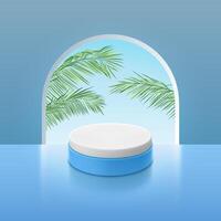 Empty platform of cylindrical shape on background of window arch with palm leaves outside window, pedestal to display objects for product advertising, vector realistic 3d illustration