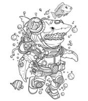 Steampunk tiburón aventuras ,ilustración para colorante libro presentando submarino traje de neopreno vector