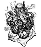 Octopus and Anchor Tattoo Illustration in Steampunk Style , Mysterious Underwater Fantasy vector