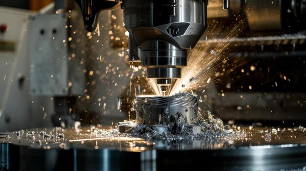 AI generated Precision Metalworking with CNC Milling Machine and Flying Shavings photo