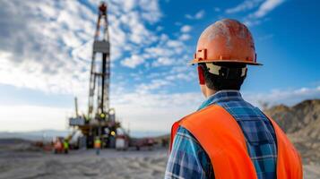 AI generated Oil exploration engineer monitoring drilling operation in remote desert location with machinery photo