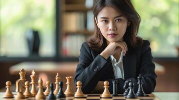 AI generated Businesswoman analyzing chess strategies on a paper. photo
