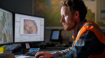 AI generated Computer Screen with Geological Data and Maps on Engineer Desk with Rock Samples photo