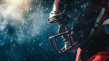 AI generated A football player in red gear, helmet on, amidst a dramatic rainy atmosphere intensity and focus. photo