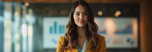 AI generated businesswoman standing in a boardroom with charts and graphs displaying successful outcomes photo