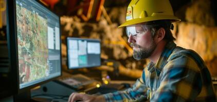 AI generated Mining and Geological Engineer Working on Computer with Maps and Rocks photo