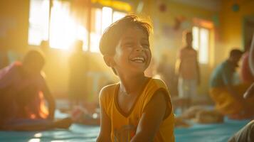 ai generado polio niño sonriente con terapeutas y voluntarios en un iluminado por el amanecer terapia habitación foto
