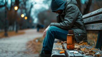 AI generated A man in pain on a park bench with medication and water photo