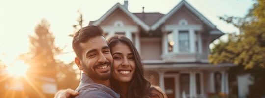 ai generado nuevo propietarios celebrando su financiero éxito y amor con un abrazo y un sonrisa foto