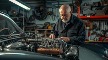 ai generado antiguo hombre coche ingeniero inspeccionando el motor de un Clásico Deportes coche con herramientas y equipo foto
