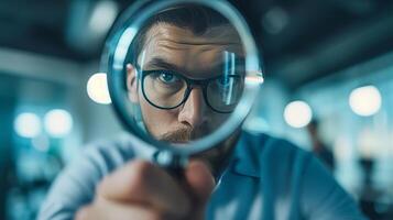 AI generated Business strategist examining market competition and trends with magnifying glass photo