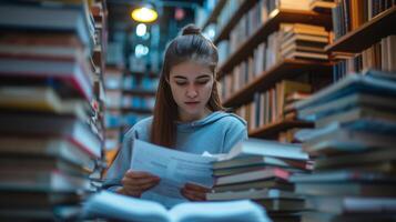 ai generado un Universidad estudiante relleno fuera papeleo para estudiante préstamos en un financiero ayuda oficina con libros y materiales foto